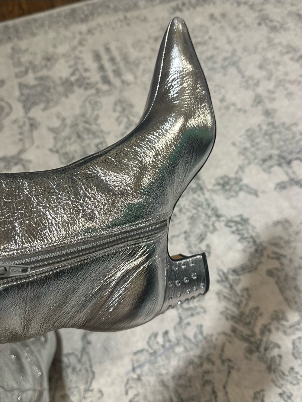 JEM Metallic Silver Pointed Toe Ankle Boots with Studded Block Heel